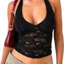 MakeMeChic Women's Halter Top Open Back Lace Sexy Cute Summer Crop Tank Top (Black) Small