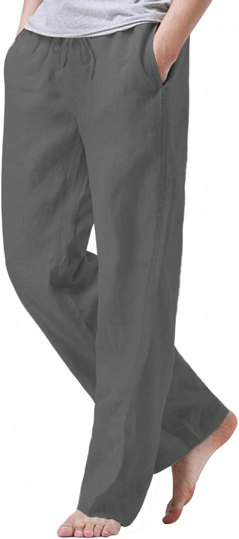 iWoo Linen Pants Men Casual 2025 Summer Beach Elastic Drawstring Waist Yoga Pants Travel Baggy Work Pant Pajama (Large, Dark Grey)