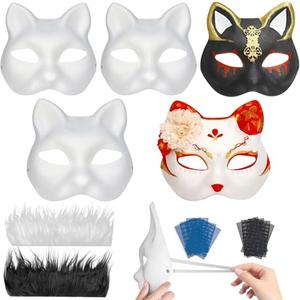 DFLU 17Pcs in 1 Cat Therian Mask Kit with Fur and Eye Mesh, Blank DIY Therian Gear Stuff Masks Base to Paint, Animal Half Paper Fox Cat Face Masquerade Mask Costume for Halloween Cosplay Parties Pack of 2