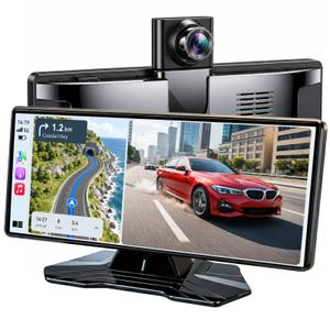 10" Wireless CarPlay Screen for Car, Apple CarPlay & Android Auto Screen, Portable Car Stereo with 4K Front Dash Cam & 1080P Backup Camera, Bluetooth, Voice Control, GPS Navigation, Mirror Link
