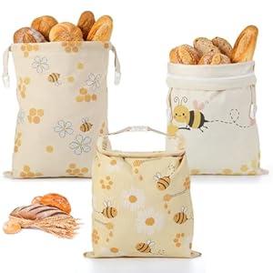 Reginary 3 Pack Beeswax Bread Bags for Sourdough & Homemade Bread 17 x 13'' XL Reusable Organic Linen Beeswax Wraps with Sealing Zip for Fresh Food Storage Loaf Freezer Baker Present(Bee Style)