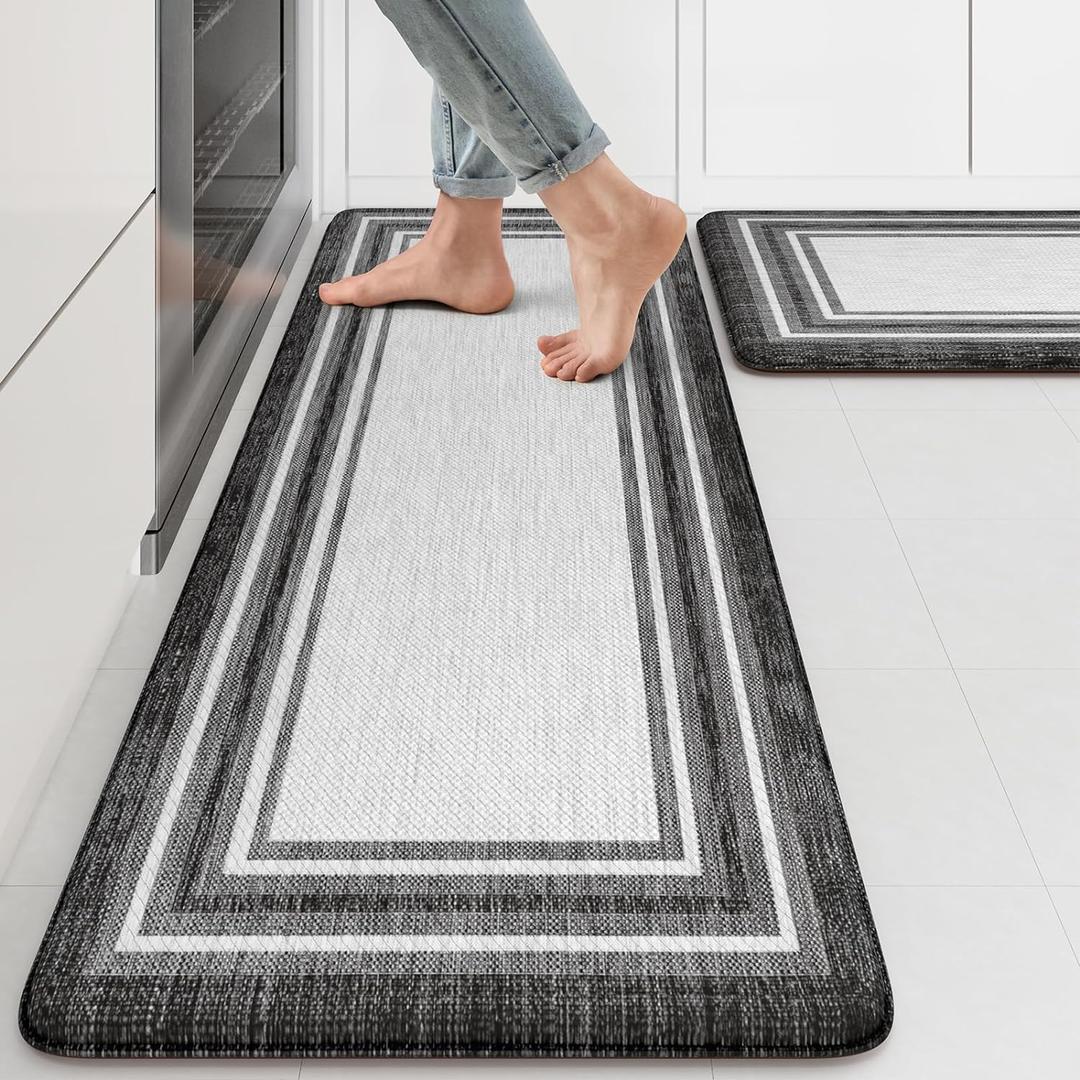 KIMODE Anti Fatigue Kitchen Mat 2PCS,Kitchen Rugs Non Slip Rubber Backing,Waterproof Farmhouse Kitchen Mat for Floor,Cushioned Standing Mat for Office,Laundry,Sink,Desk,Black and Grey (17.3" x 47 "+ 17.3" x 29 "--0.47 inches)