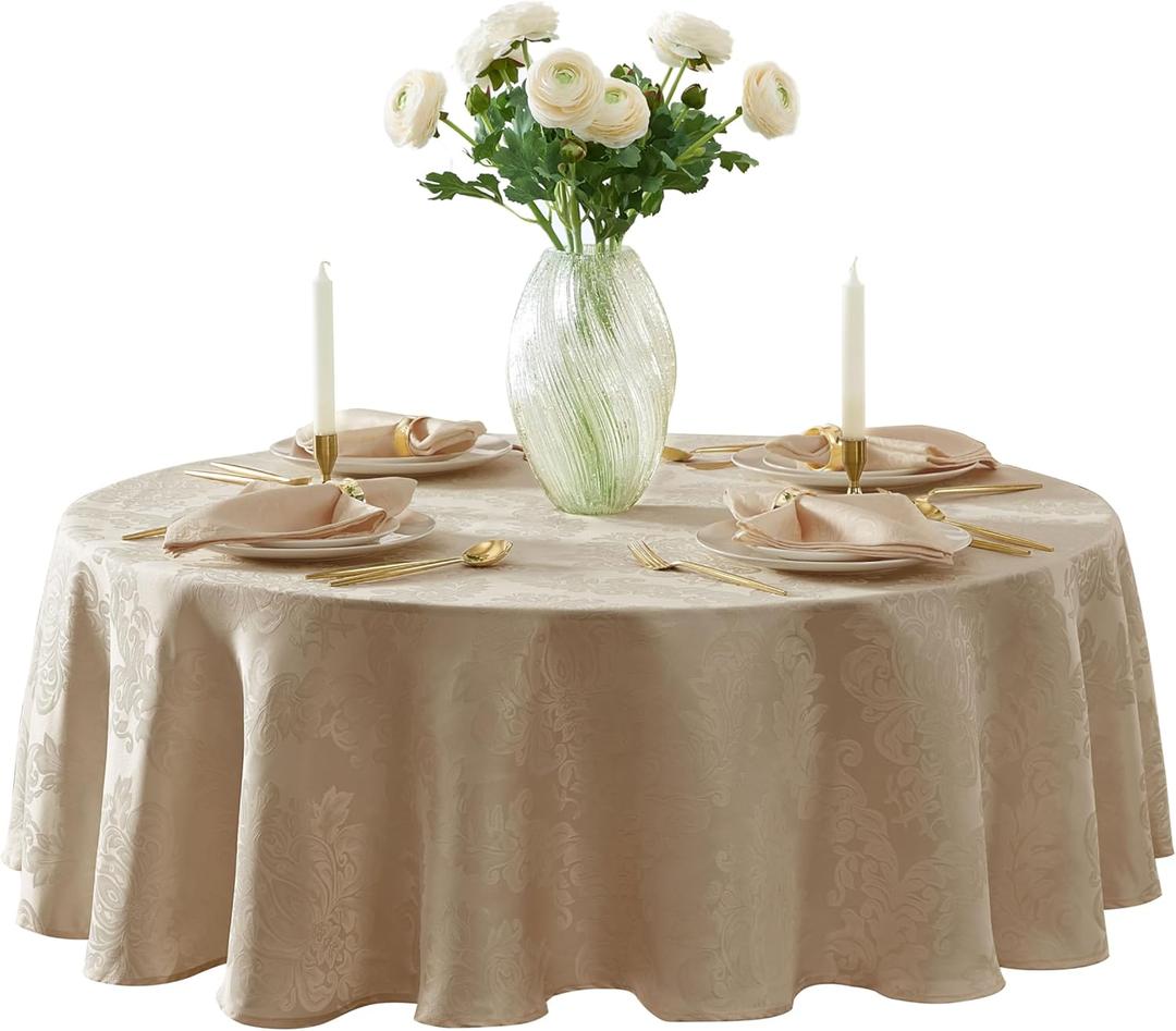 Newbridge Barcelona Luxury Damask Fabric Tablecloth, 70 Round, Golden Beige, 100% Polyester, No Iron, Soil Resistant Dining Room, Party and Banquet Table Cover