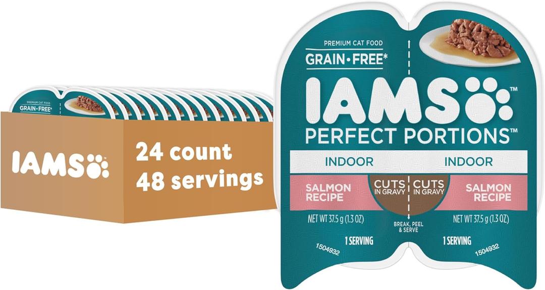 IAMS Perfect Portions Grain Free Wet Cat Food, Indoor Adult Cat Food Wet Cuts in Gravy, Salmon Recipe, (24) 2.6 oz. Twin-Pack Trays, BBD 101127