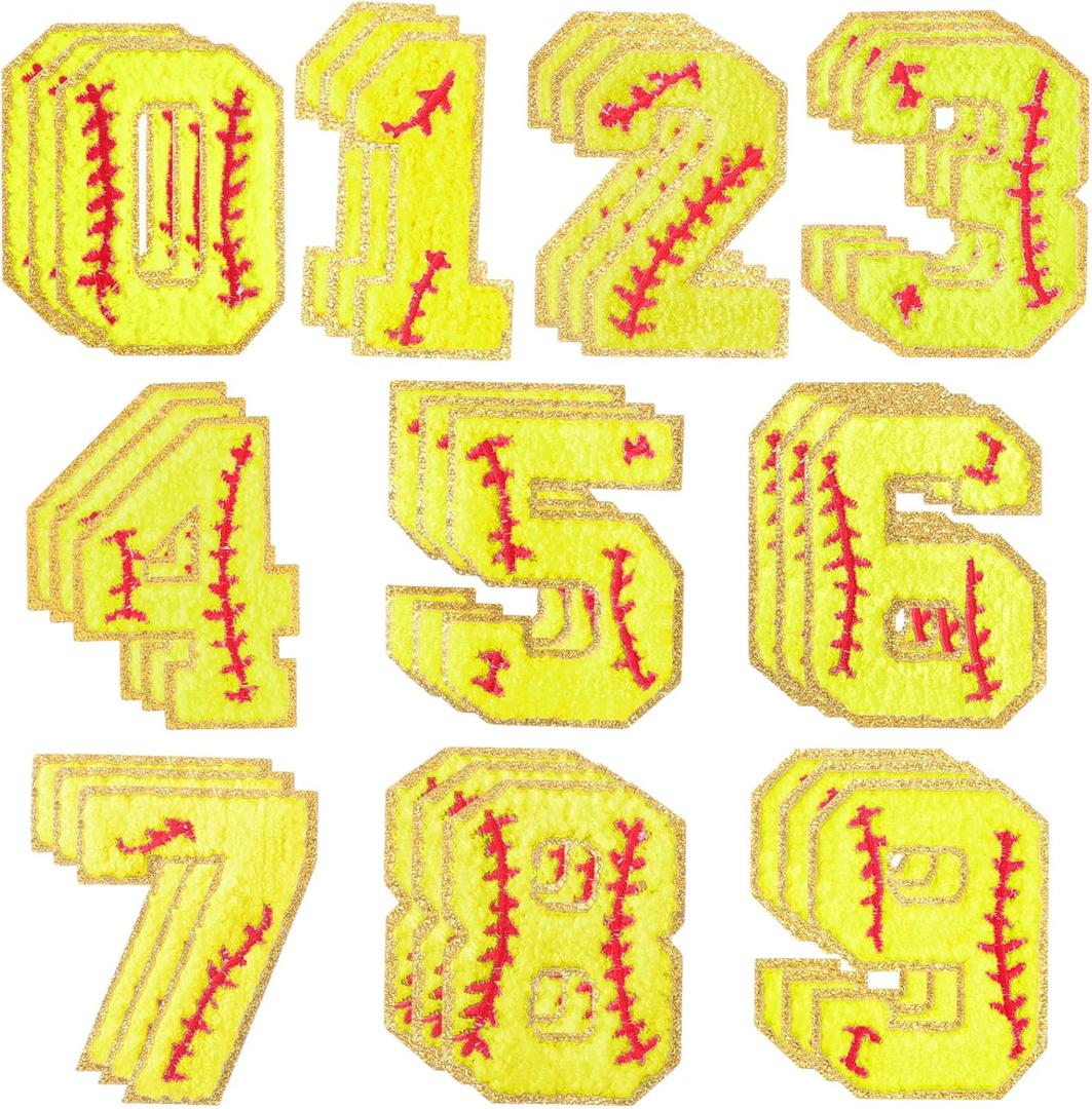 Hotop 30 Pcs Chenille Letter Patches Iron on Patches for Clothing Sports Patches Chenille Embroidered Applique for Bags Hat DIY Clothing Jackets Backpacks Repair (Yellow,Softball Number Style)