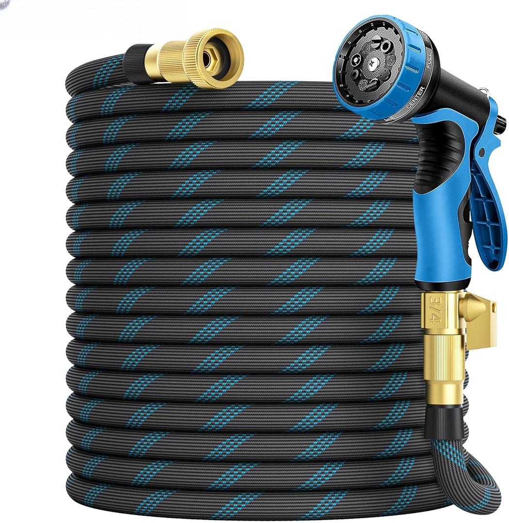 Garden Hose 75 ft, 2025 Upgarded Flexible Water Hose 75ft With 10-Pattern Spray Nozzle, Kink-Free, Lightweight, Durable, Leak-Proof Solid Brass Fittings (Black & Blue)