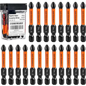 COMOWARE 2 Inch PH2 High Magnetic Impact Screwdriver Drill Bit Set, 21PCS, #2 Anti-Slip Phillips Bits, S2 Steel, Phosphating Driver Bit Set with CNC Magnetic Impact Bits for Power Drill