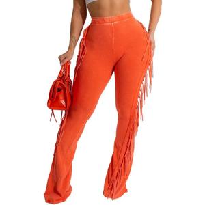 Women's Casual Mid Waist Fringed Cotton Pants Elastic Waist Bodycon Tassels Side Jogger Sweatpant, Size L