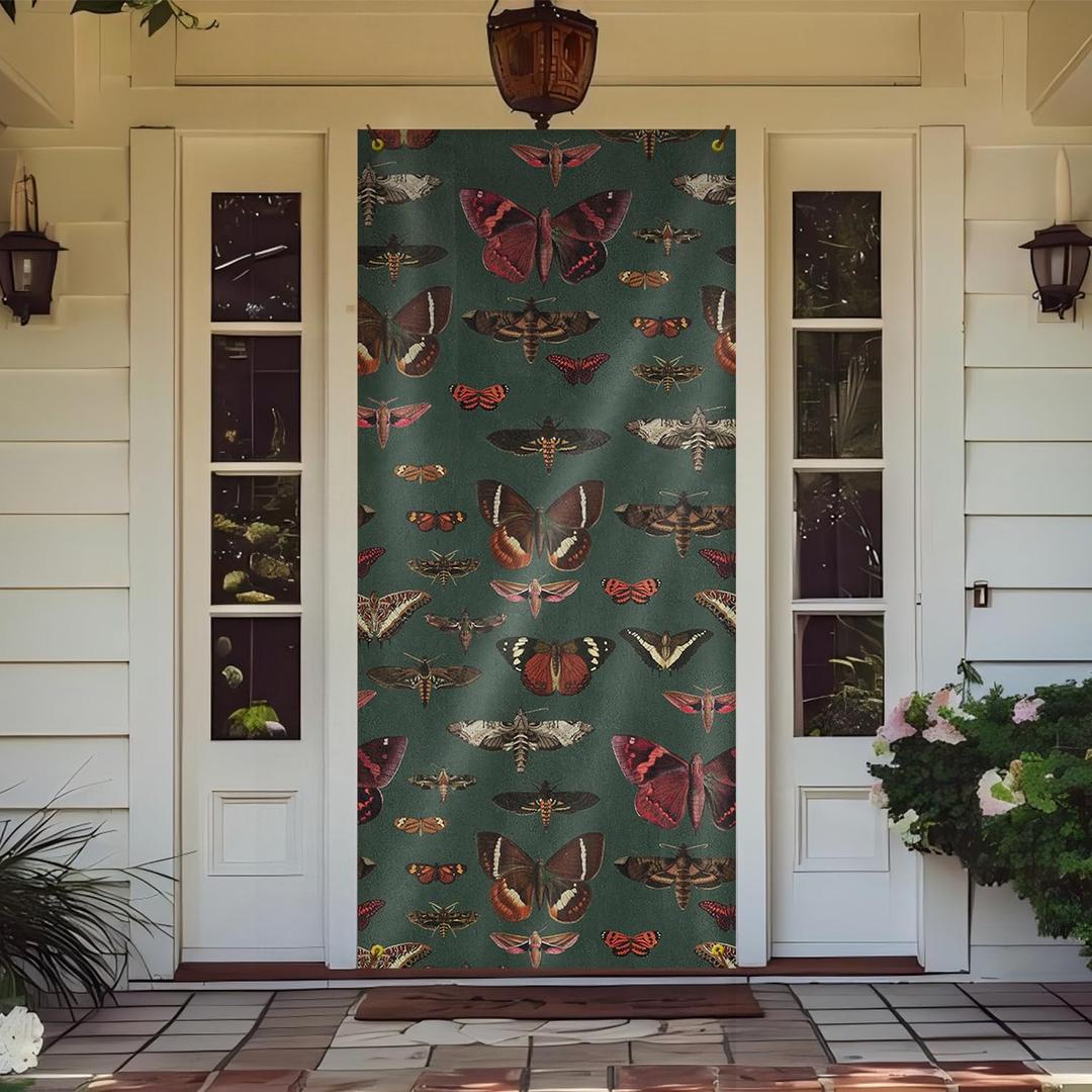 Vintage Moth Butterfly Door Cover Decorations, Dark Academia Gothic Insect Cottagecore Doorway Curtains Door Covers Banners Photography Background Backdrop for Indoor Outdoor Decor, 35*79 Inch