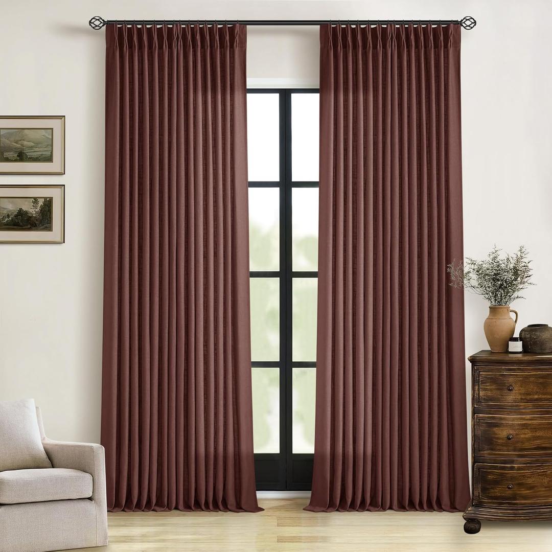 Reddish Brown Linen Pinch Pleated Curtains 96 Inches Long for Living Room Pleated Drapes Back Tab Thick Linen Textured Boho Farmhouse Country Maroon Rust Brown 96 Inch Curtain for Dining Bedroom