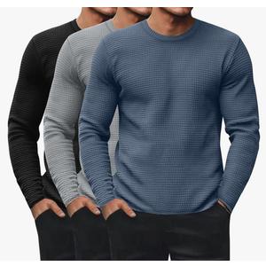 Ficerd 3 Pack Men's Waffle Long Sleeve Shirts, Crew Neck Thermal Underwear Tops Casual Pullover Sweaters Knit Undershirts Size XL