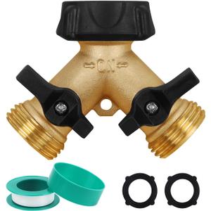 Biswing Garden Hose Splitter 2 Way, Heavy Duty Brass Connector Tap Splitter, Y Splitter 2 Valves with 2 Extra Rubber Washers