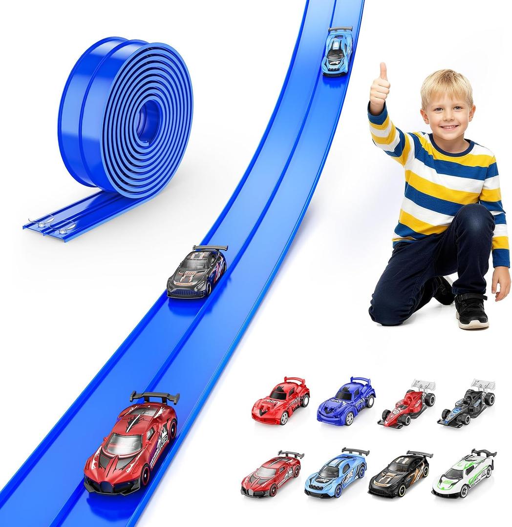 Flexible Race Track for Kids 15 ft Race Car Track Compatible with Hot Wheels and Diecast 1/64th Cars, Toys for 3 4 5 6 7 8 Year Old Boy Girl Flexible Car Tracks with 8 Small Race Cars for Kids