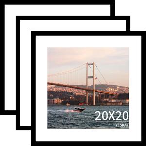YESKAY 20x20 Picture Frame 3 Pack - Black Poster Frame Display Pictures 16x16 with Mat or 20 x 20 Without Mat for Wall Hanging Horizontal and Vertical