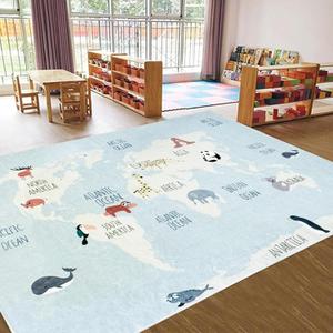 USTIDE Kids Area Rug World Map Blue Rug Cute Animal Rugs Educational Floor Carpet for Boy Girl Machine Washable Area Rugs for Living Room Bedroom Playroom 5 x 7Ft, Light Blue