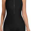 ATTRACO Athletic One Piece Swimsuits for Women Zipper Up Bathing Suits Modest Boyleg Swimwear (Size Medium, Black)