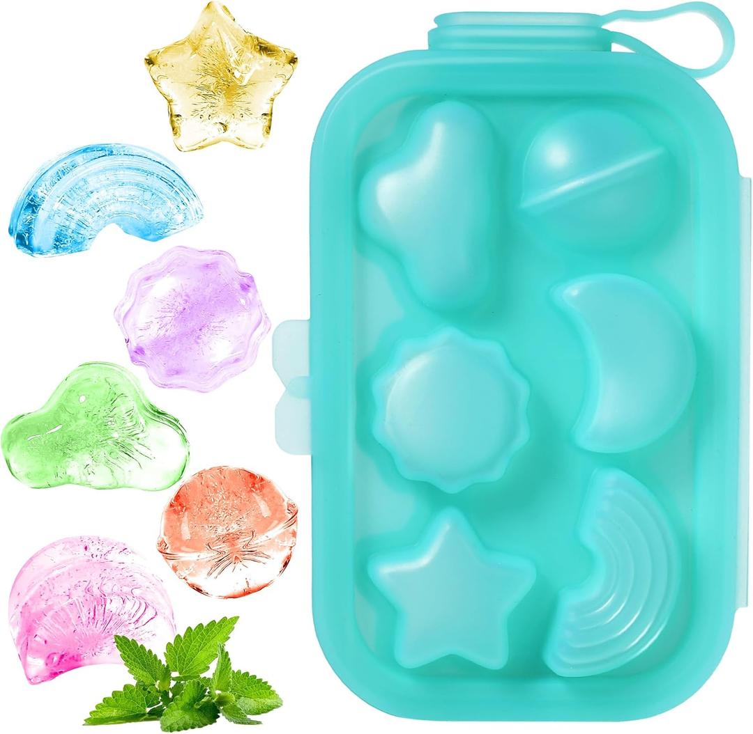 2 x 6-Piece Silicone Ice Cube Mold Set with Lid | Sphere, Sun, Cloud & Star Shapes | Leak-Proof & Dishwasher-Safe | Reusable Fun Ice Trays for Cocktails, Coffee, Kids Drinks (Blue-Green)