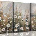 3 Pcs Vintage Wildflowers Field Canvas Wall art Farmhouse Rustic Wildflower Nature Landscape Painting Pictures Wall Decor Posters Print Artwork for Living Room Bathroom Home Decoration (16L''x12W'')