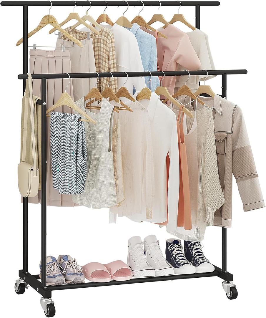 Calmootey Double Rod Clothing Garment Rack,Rolling Hanging Clothes Rack,Portable Clothes Organizer for Bedroom,Living Room,Clothing Store,Black