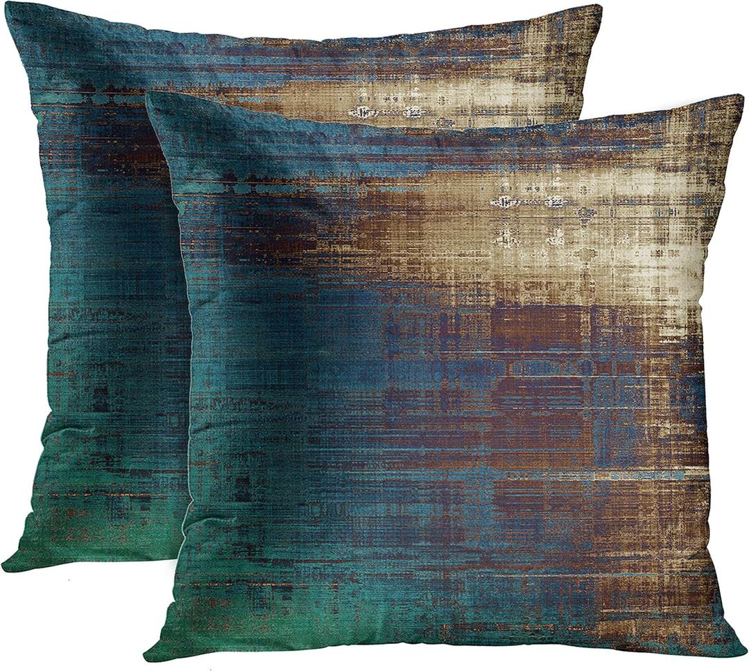 Emvency Set of 2 Throw Pillow Covers Vintage Abstract Teal White and Blue Messy Rust Painting Decorative Pillow Cases Home Decor Standard Square 18x18 Inches Pillowcases