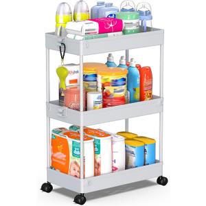 SPACEKEEPER Rolling Storage Cart 3 Tier Bathroom Cart Organizers with Wheels Laundry Room Organization Mobile Shelving Unit Utility Cart Storage Shelves Multi-Functional for Office, Home, Gray