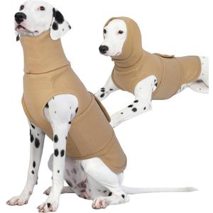 ROZKITCH Dog Anxiety Jacket Vest with Hoodie Soft Ears Cover, Warm Anxiety Jacket Shirt for Medium Dogs for Fireworks Travel Vet Visit 4th of July Holiday Christmas Khaki L (L(Back:17.7";Chest:19.7"-23.6"))