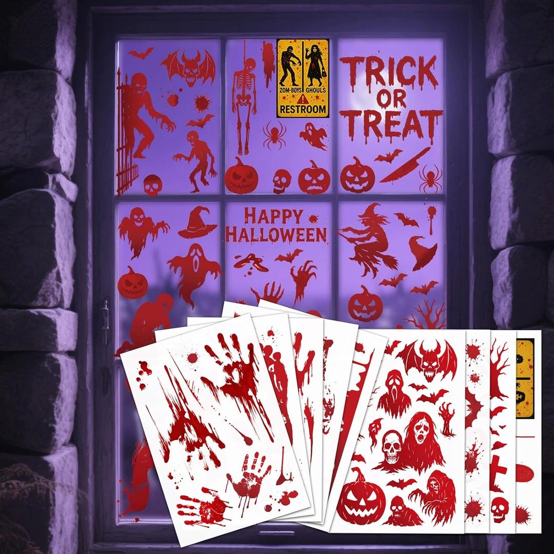 119Pcs Halloween Window Clings, Bloody Footprint Handprint Ghost Zombie Stickers Reusable Scary Decals Halloween Decoration Indoor Party Supplies Home Office Wall Decor, 9 Sheets