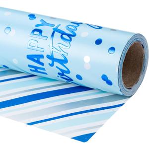 LeZakaa Reversible Blue Birthday Wrapping Paper Roll for Boys Men, Happy Birthday Lettering & Stripe Pattern with Metallic Foil in Blue, Mini Roll, 17 inches x 32.8 Feet (46.45 sq.ft.)