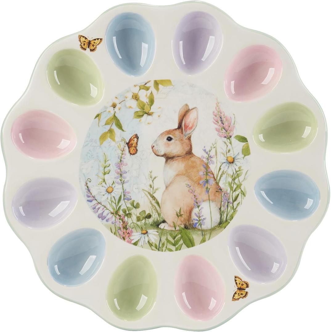 Easter Meadow 12.25-Inch Ceramic Deviled Egg Plate Whimsical Bunny & Floral Design, Perfect for Deviled Eggs, Easter Treats & Small Appetizers Dishwasher Safe