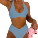 Women's Sexy High Leg Triangle Halter Bikini Set Padded Cup Bikini Cheeky Swimsuit V Cut Thong Bathing Suit (Haze Blue, Small)