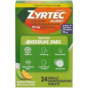 Zyrtec 24 Hour Dye-Free Allergy Relief Dissolve Tablets with 10 mg Cetirizine HCl, Citrus Flavored Antihistamine Allergy Medicine Helps Relieve Sneezing, Runny Nose, & Itchy Eyes, 18 ct