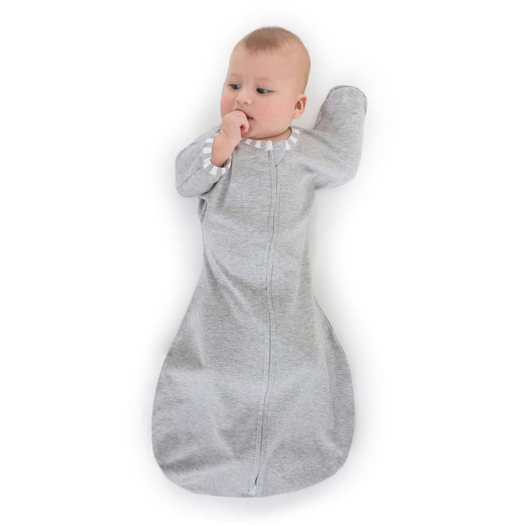 SwaddleDesigns Transitional Swaddle Sack, Arms Up Half-Length Sleeves & Mitten Cuffs, Swaddle for Newborn Transition to Baby Sleep Sack Wearable Blanket, 0-3 Month, 6-14 lb, Gray with Striped Trim (Small (6-14 Pound), Heathered Gray, Stripe Trim)