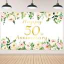 Vlipoeasn Elegant White 50th Anniversary Backdrop, Polyester, Rose Gold Peony Design, Included Rope, for Couple Surprise, Wedding Supplies