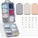 LANDNEOO 14 Grids Pill Organizer Box with Labels, Travel Medication Holder Dispenser Case Kit, Pocket Daily Pharmacy Container for Fish Oil Vitamin Supplement Storage, Khaki Pink Grey, 3 Pack