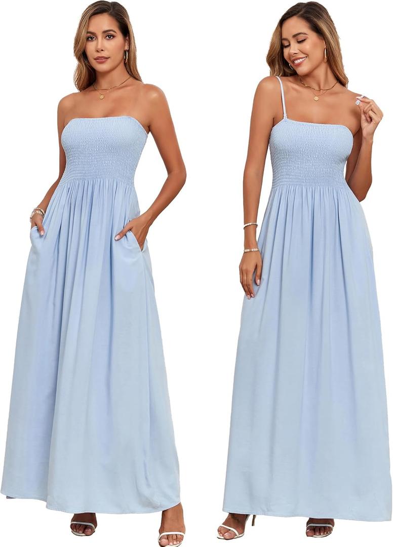 Aigeman Women Detachable Strap Dress Strapless Smocked Bodice Maxi Dress Pockets Long Swing Flowy Beach Sundress 373 (Small Sky Blue)