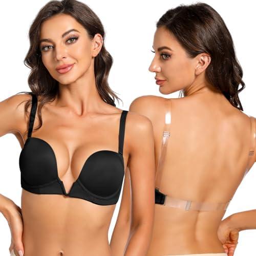 YBCG Plunge Bra with Clear Back Straps Backless Deep V Convertible Push up Padded Add 2 Cup Low Cut Underwire for Women 36D