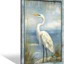 Coastal Beach Framed Wall Art: Large Heron Wooden Painting Ocean Sea Bird Prints Blue Seasacoe Picture Beach Seashore Artwork for Bathroom Bedroom Home Office 30x30 In
