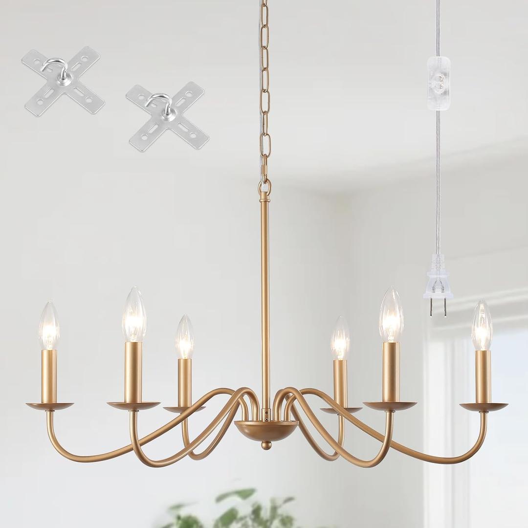 6-Light Gold Chandelier, Farmhouse Dining Room Light Fixtures, Hanging Light Plug In Chandelier Lighting with Long Cord, 28'' Rustic Candle Chandeliers for Bedroom Living Room Foyer Entryway Kitchen