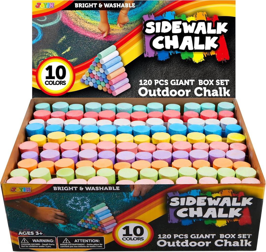 JOYIN 120 PCS Sidewalk Chalks for Kids Giant Box Non-toxic Jumbo Colored Washable Sidewalk Chalk for Toddlers in 10 Colors 