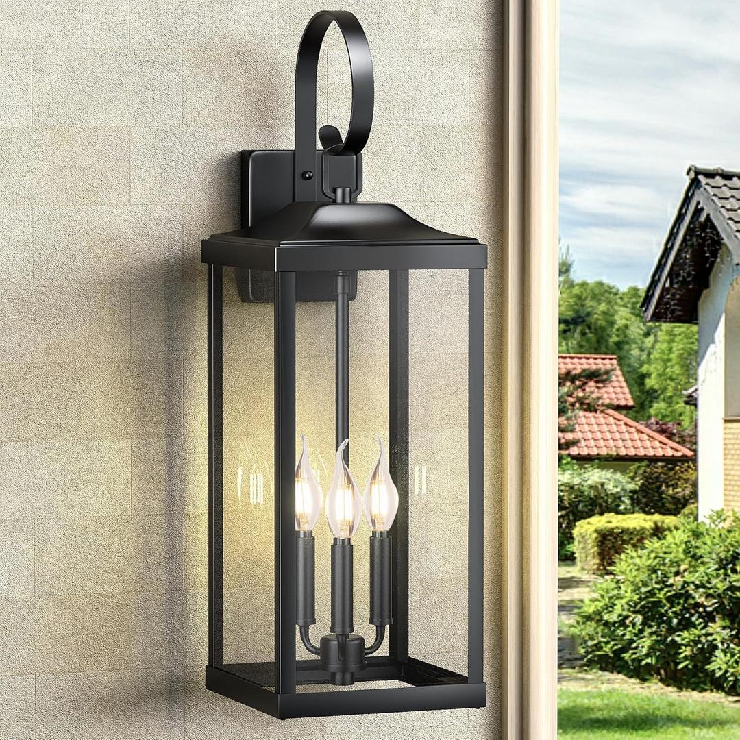 24" Extra Large Outdoor Wall Light for House, Black 3-Light Waterproof Exterior Porch Lamp Wall Mount, Modern Outside Wall Sconce Coach Light with Clear Glass, E12, 1-Pack (Black (No sensor))