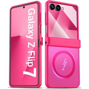BXYJY for Samsung Galaxy Z Flip 7 Case with Hinge Protector, Front Screen Protector, Slim Compatible with MagSafe, Translucent Rugged Shockproof Men Women Full Phone Case for Samsung Z Flip7, Hot Pink