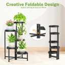 iDavosic.ly 5 Tier Folding Plant Stand Indoor Outdoor with Plastic Tray, Tiered Corner Flower Holder Shelf, Metal Orchid Display Rack for Patio Porch Living Room Garden Balcony, Modern Black