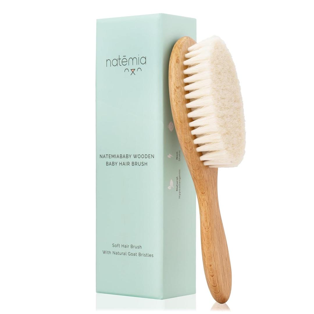 Natemia Wooden Baby Hair Brush - Natural Goat Hair Bristles - Gentle Soft Bristles for Scalp Massage - Cradle Cap Comb for Flake Removal - For Baby Grooming Kit & Toddler Hair Brush