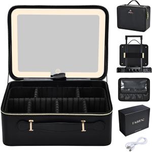 11.4 Inch Extra Large Makeup Bag with LED Lighted Mirror Leather Cosmetic Train Case Light up Mirror Portable Makeup Artist Storage Bag with Dividers Makeup Brush Holder Vanity Black