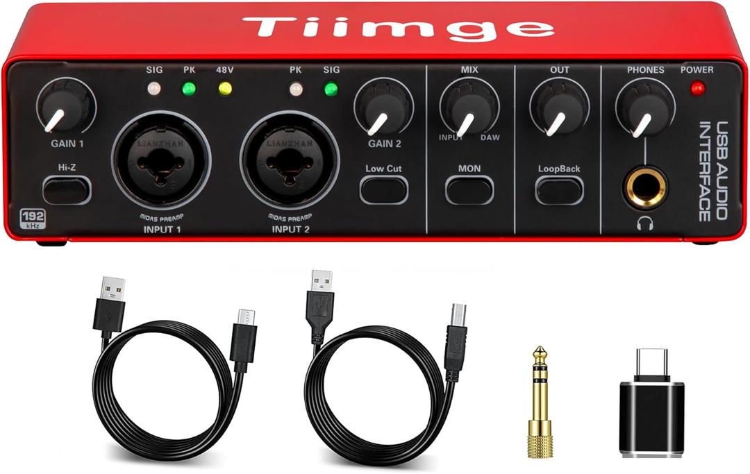 2x2 USB Audio Interface for PC, with 48V Phantom Power, 24Bit/192kHz High-Fidelity, Mic Preamplifier XLR/TSR/TS Ports, Compatible for Guitarist, Vocalist, Podcaster or Producer