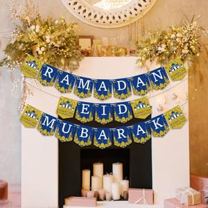 Ramadan Decorations, Ramadan Eid Mubarak Banner for Home Ramadan Decorations, Eid Decorations, Ramadan Kareem Decor Party Supplies for Home Mantle Fireplace Wall (B(RAMADAN EID MUBARAK))