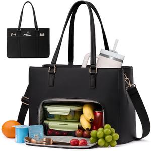 LOVEVOOK Lunch Bag for Women, Leather Work Laptop Tote Bag with Insulated Lunch Compartment, 15.6 Inch 2 in 1 Lunch Tote for Business, Teacher, Nurse, Office, College, Casual