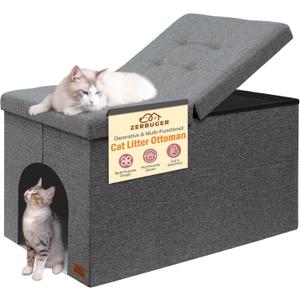 Cat Litter Box Enclosure Furniture for Odor Control, Hidden Cabinet Cats Litter Ottoman with Flip-Up Lid,Cat Litter Box Bench with Storage Space, Dog Proof(Grey, Large)