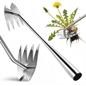 LOOHOI Weed Puller Tool, Heavy-Duty Stainless Steel Weeding Tool with Extendable Handle, Portable Garden Weed Removal Tool for Vegetable Gardening Backyard Farm Planting & Weeding (4-tooth)