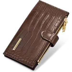 Women Wallet Large Capacity Wallets Crocodile RFID Blocking Multi Card Organizer Womens Billfold Long Purse Credit Cards Holder with Double Zipper,Coffee